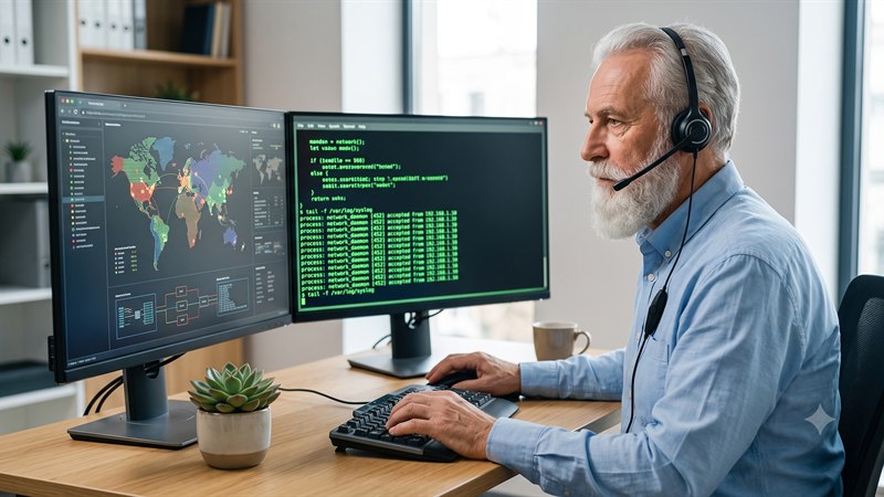 A friendly helpdesk technician supporting a client onsite and remotely