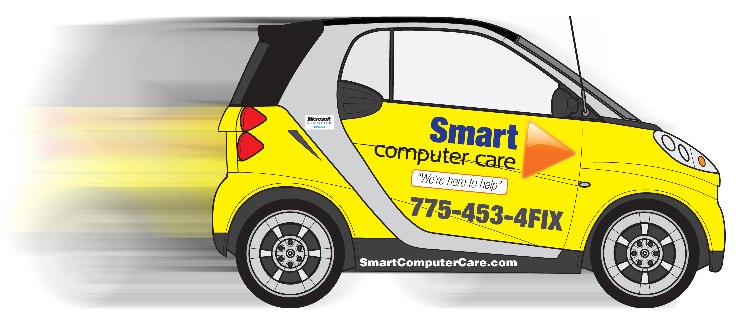 The original Smart Computer Care Smart Car, wrapped in the company logo and phone number